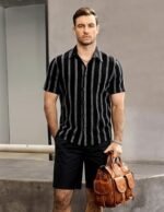 VATPAVE Mens Summer Striped Shirts Button Down Short Sleeve Vintage Beach Hawaiian Shirts with Pocket Large Black Fashion : Clothing, Shoes & Jewelry - Image 2