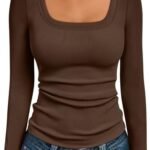 AUTOMET Womens Long Sleeve Shirts Square Neck Tops Ribbed Knit Basic Teen Girls Crop Tops Fall Outfits Fashion Clothes 2025 Brown L at Amazon Women’s Clothing store